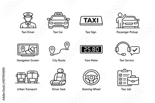 Taxi service icons: driver, car, sign, navigation, fare, and transport tools