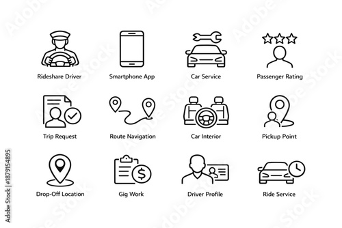 Rideshare service icons: driver, app, car features, navigation, ratings, pickup