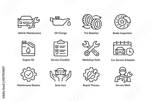 Vehicle maintenance icons: oil change, tire rotation, brake inspection, engine oil
