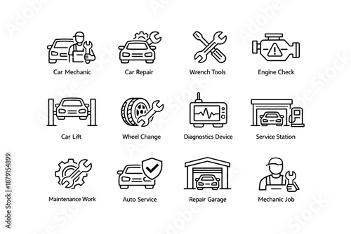 Car repair and maintenance icons for auto service and mechanic jobs