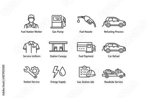 Gas station services icons: worker, pump, fuel, car, energy, roadside