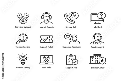 Technical support icons: assistance, troubleshooting, customer support services
