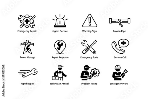 Emergency repair icons: tools, services, and alerts for quick response