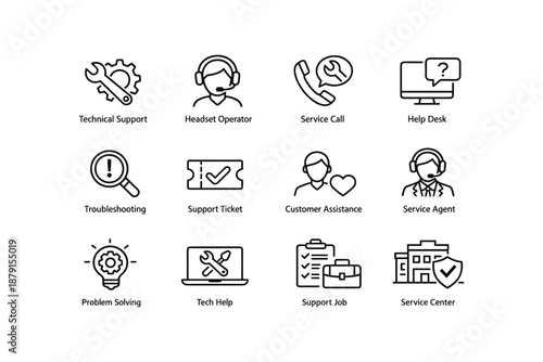 Customer service icons: technical support, headset operator, service call, help desk, troubleshooting