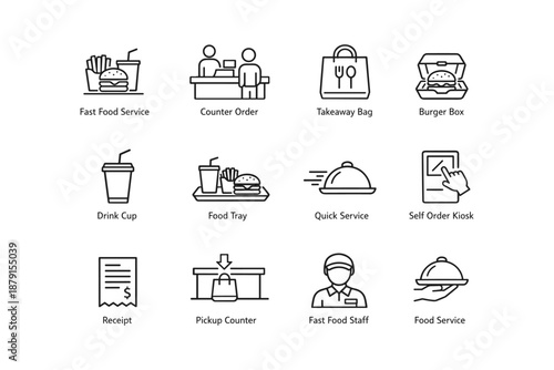 Icons of fast food services including takeaway, quick service, and food staff