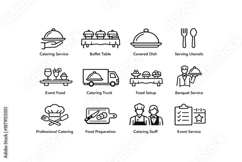Catering and event services: icons of food, setup, and professional staff