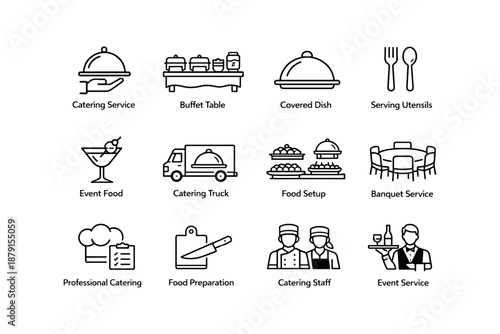 Catering icons: service, buffet, dish, utensils, event, truck, setup, banquet, professional, staff