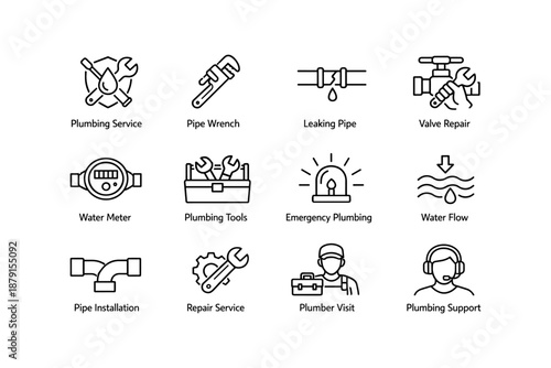 Plumbing icons: tools, services, and repairs in simple line art