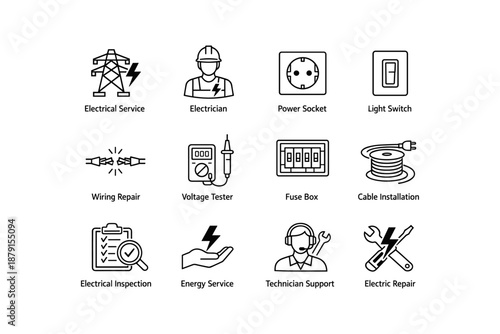 Electrical service and tools icons set: electrician, power socket, wiring, and repair symbols