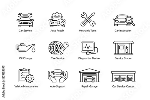Car service icons: repair, maintenance, tools, diagnostics, inspection symbols