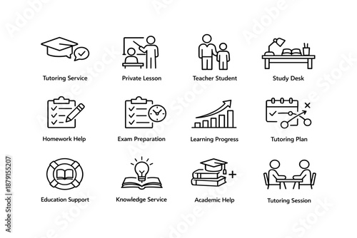 Educational services icons set featuring tutoring, teaching, and academic assistance