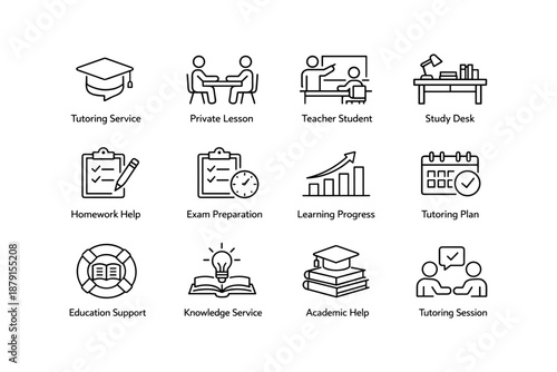 Educational icons set illustrating tutoring services and academic support concepts