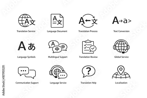 Icon set for language translation services and multilingual communication support
