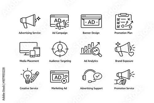 Comprehensive digital marketing and advertising strategy icons