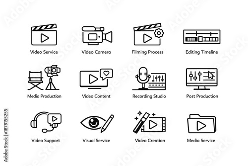 Media icons set: video, editing, production, recording, creation, support