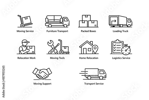 Logistics and moving icons: boxes, tools, transport and services illustrations