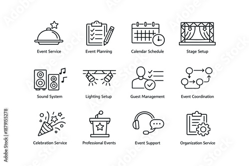 Event management icons: planning, stage, schedule, sound, lighting, coordination