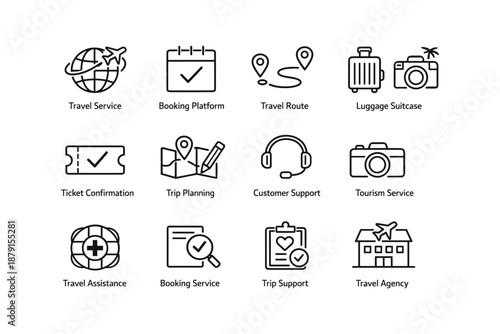 Travel service icons set featuring booking platform and trip planning symbols