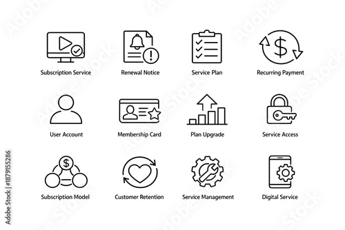 Subscription and service icons: renewal, membership, payment, access, management
