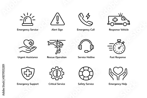 Emergency service icons set: alert, call, rescue, response, support, help