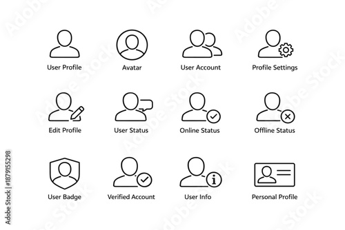 User interface icons: profile, avatar, settings, status, verification, account management