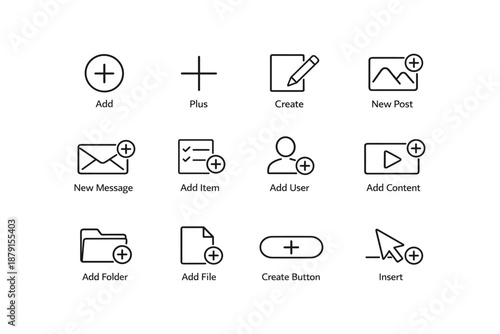 Set of icon designs for add, create, and insert actions