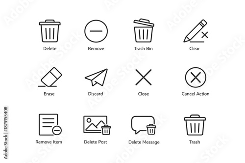 Minimalist icon set for deleting and clearing actions