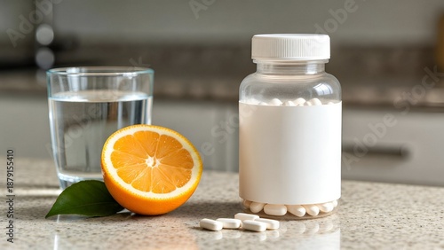 Vitamin tablets in white bottle with glass of water and fresh orange illustrating healthy lifestyle, dietary supplements, immunity support and daily nutrition concept
