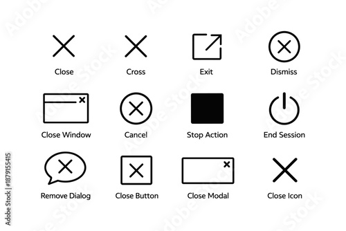 Interface icons for close, exit, and cancel actions