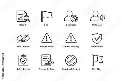 User interface icons: report, flag, block, mute, warning, moderation, safety, rules
