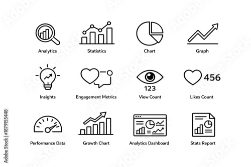 Data analytics icons set with charts and metrics for performance and insights