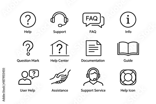 Customer support and help icons: faq, documentation, user assistance, support service