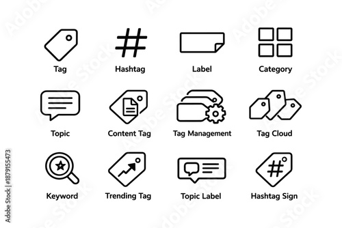 Collection of tag and label icons: symbols for organization and categorization