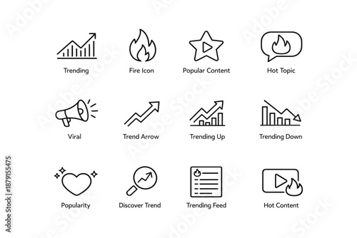 Trending icons: popular content, viral trends, hot topics, discover trends, analytics
