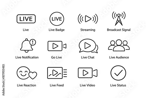 Live streaming icons: notification, broadcast, reaction, video, audience