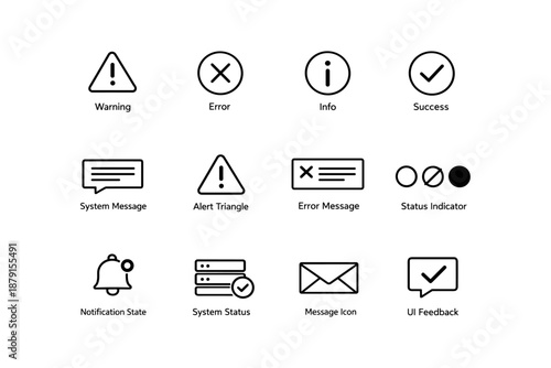 Variety of notification and alert icons: warning, error, info, success, system indicators