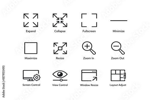 User interface icons: expand, collapse, fullscreen, minimize, maximize, resize, zoom in, zoom out