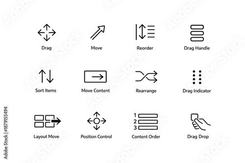 Set of twelve ui/ux icons featuring drag move and reorder functions