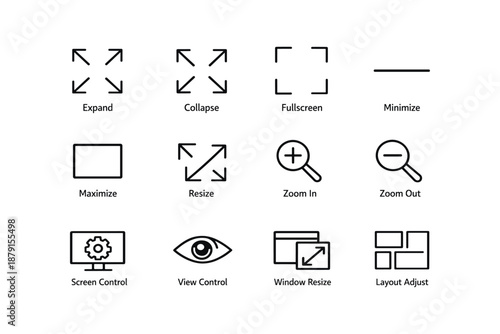 User interface icon set: expand, collapse, fullscreen, minimize, maximize, resize, zoom, control