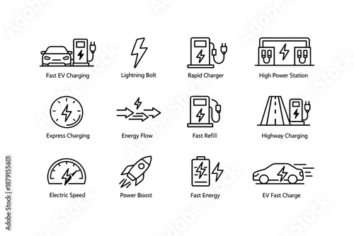 Electric vehicle charging icons: fast charging, energy flow, power boost, ev station symbols