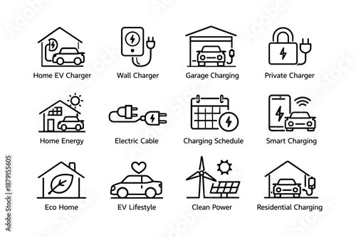 Electric vehicle charging and eco-friendly concepts illustrated in icon set