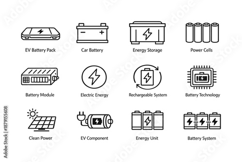 Electric vehicle battery components and energy storage icons