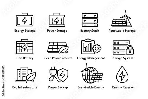 Energy storage solutions: icons for battery, renewable, and grid systems