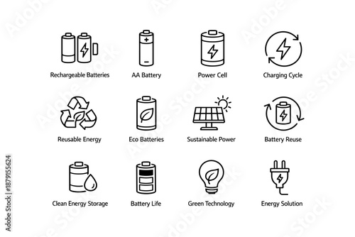 Sustainable energy icons: batteries, charging, eco-friendly power solutions