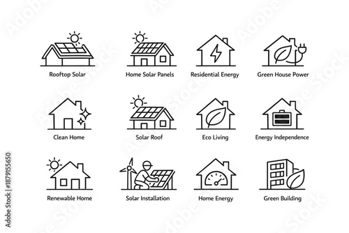 Icons illustrating solar energy and eco-friendly homes