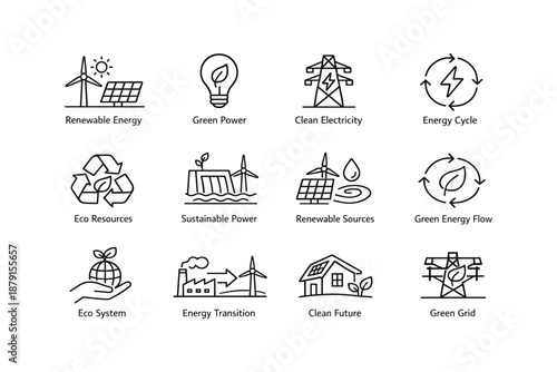 Renewable energy icons: green power, clean electricity, and sustainable resources