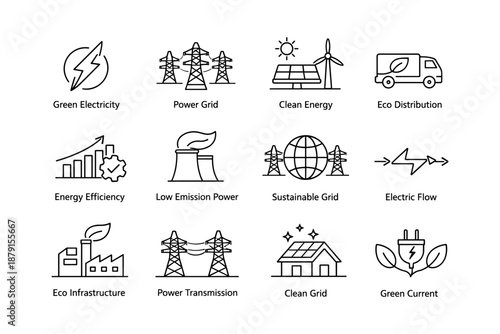 Sustainable energy icons: green electricity and clean power solutions