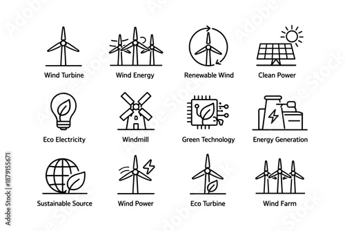 Wind and solar energy icons: renewable power and eco-friendly technology symbols