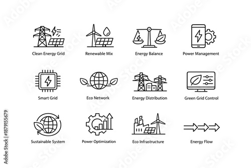 Icons representing clean energy systems and sustainable technology solutions