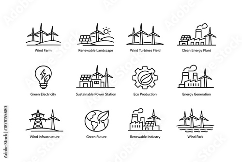 Renewable energy icons: wind farm, solar panels, eco production